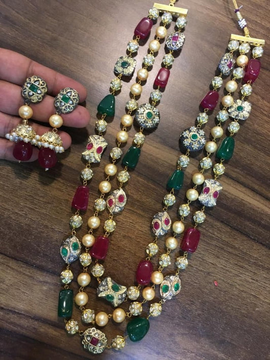 3 layer long Necklace set/Designer necklace set/Multi color set/Victorian Necklace/Long kundan necklace/Navratan set/sabyasachi jewelry/sets