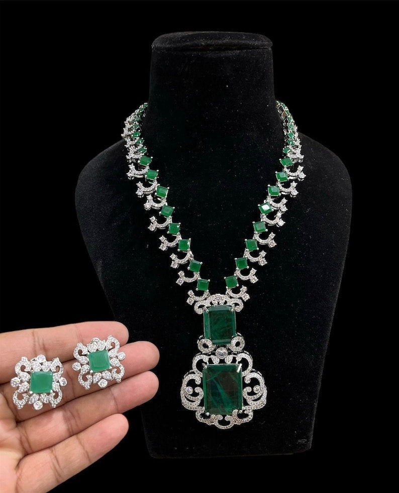Nita Ambani necklace Bollywood style partywear necklace long necklace Diamond jewellery Indian jewellery long necklace Rani haar green set